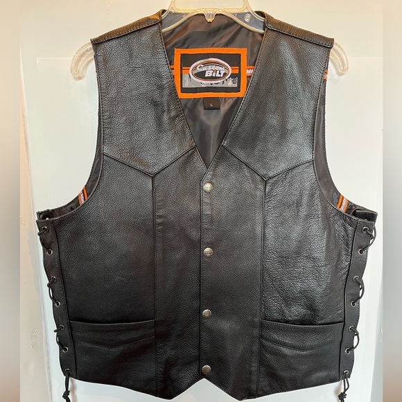 Custom Bilt Button Down Black Leather V-Neck Motorcycle Biker Vest - Picture 14 of 14